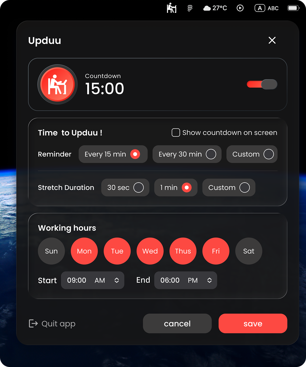 Upduu app settings